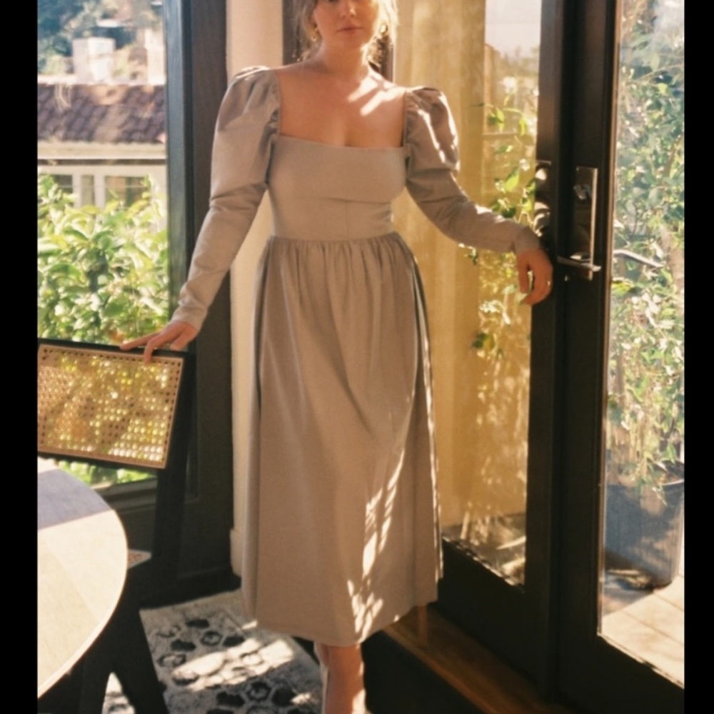 Reformation Luce Long Sleeve Midi Dress in Khaki Tan
